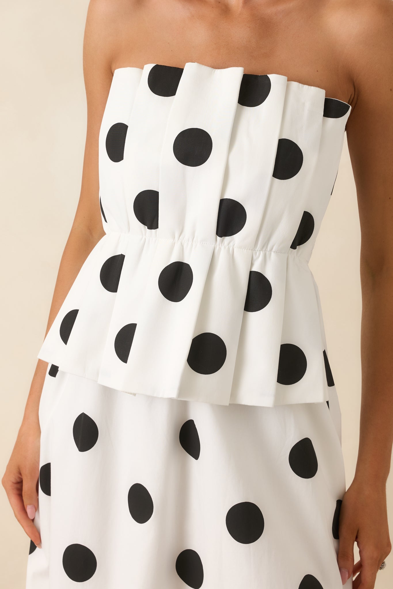 A Class of Her Own White & Black Polka Dot Strapless Midi Dress