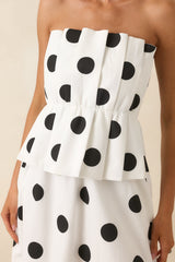 A Class of Her Own White & Black Polka Dot Strapless Midi Dress
