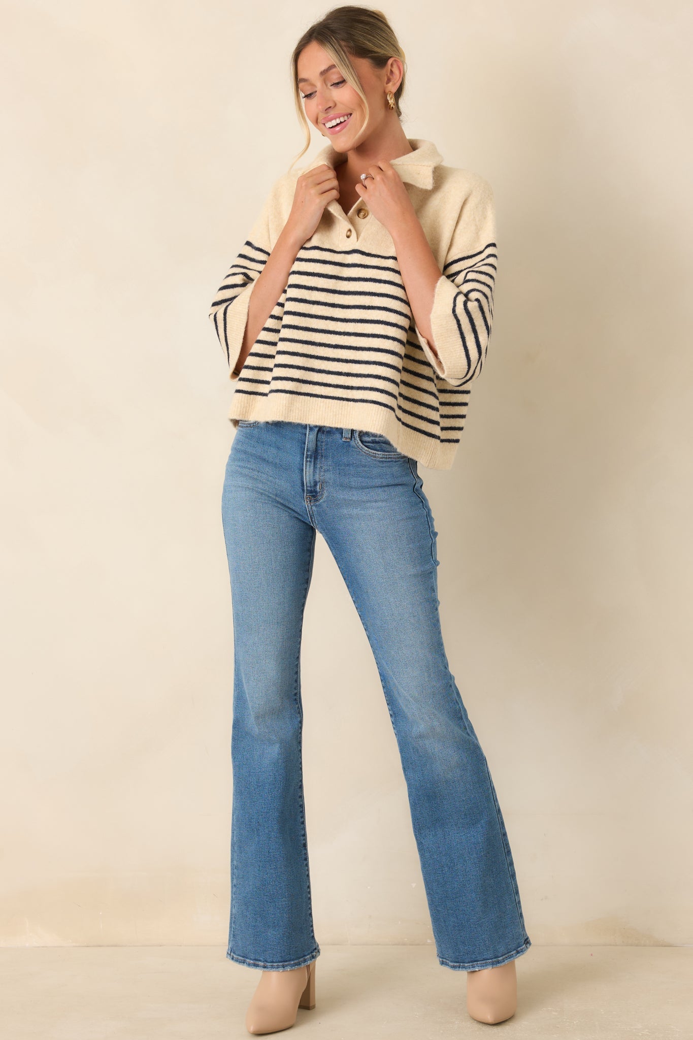 A Softer Approach Ecru & Navy Stripe Collared Knit Top