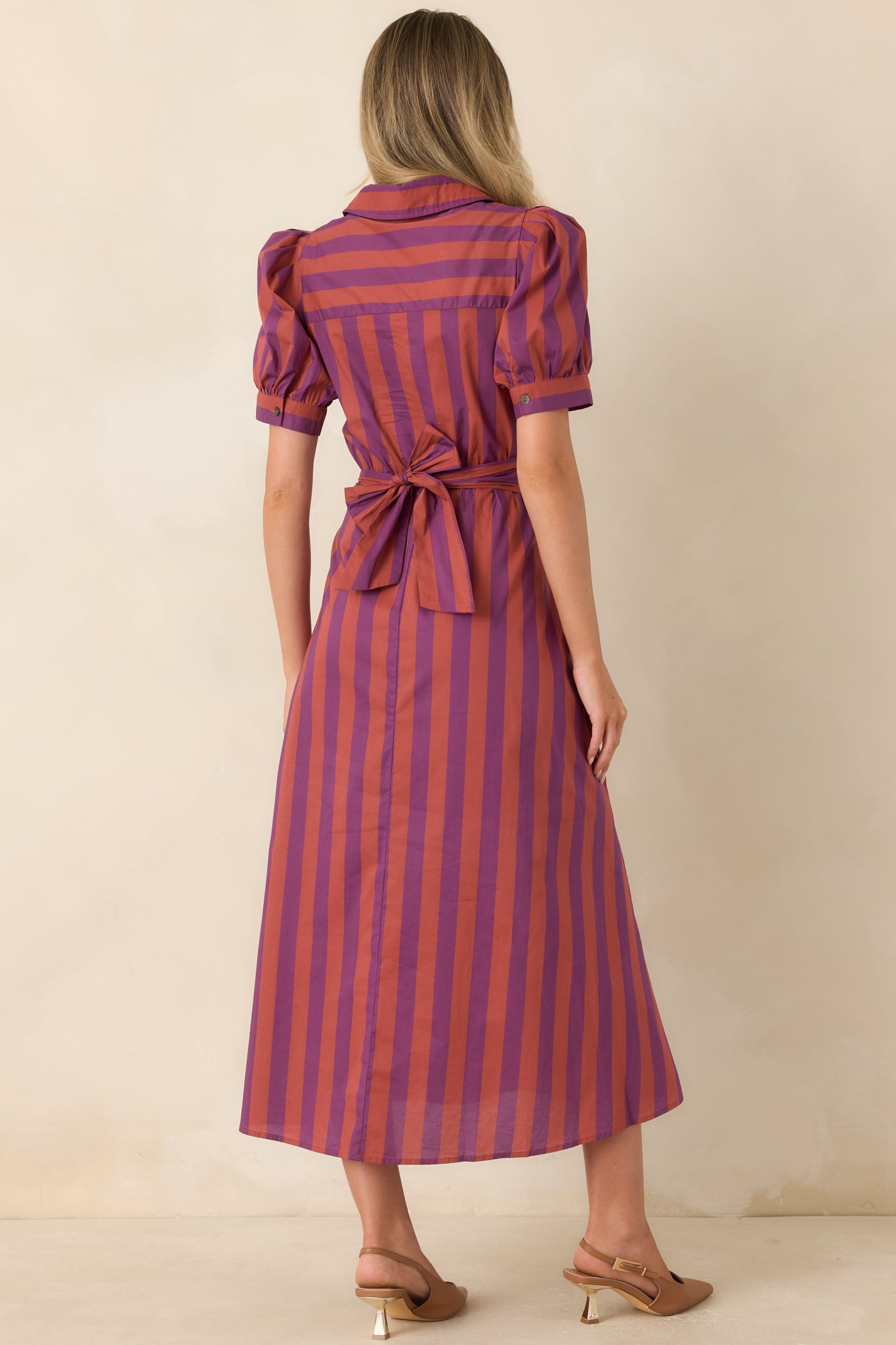 A Fresh Approach Plum & Burgundy Stripe Cotton Midi Shirt Dress