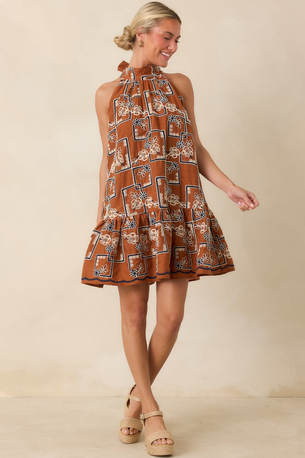 Blooming at Dusk Terracotta Embroidered Halter Mini Dress