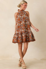 Blooming at Dusk Terracotta Embroidered Halter Mini Dress