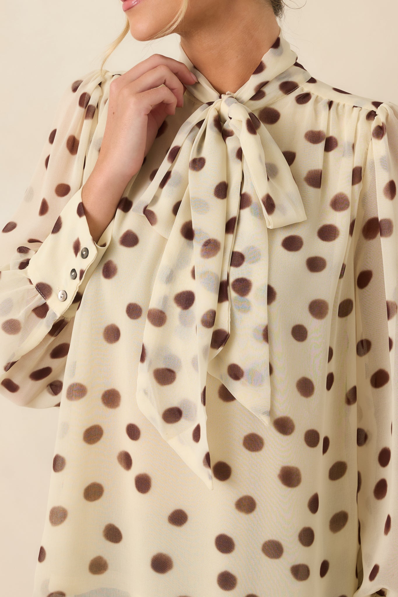 A Fine Point Ivory & Brown Polka Dot Tie Neck Blouse