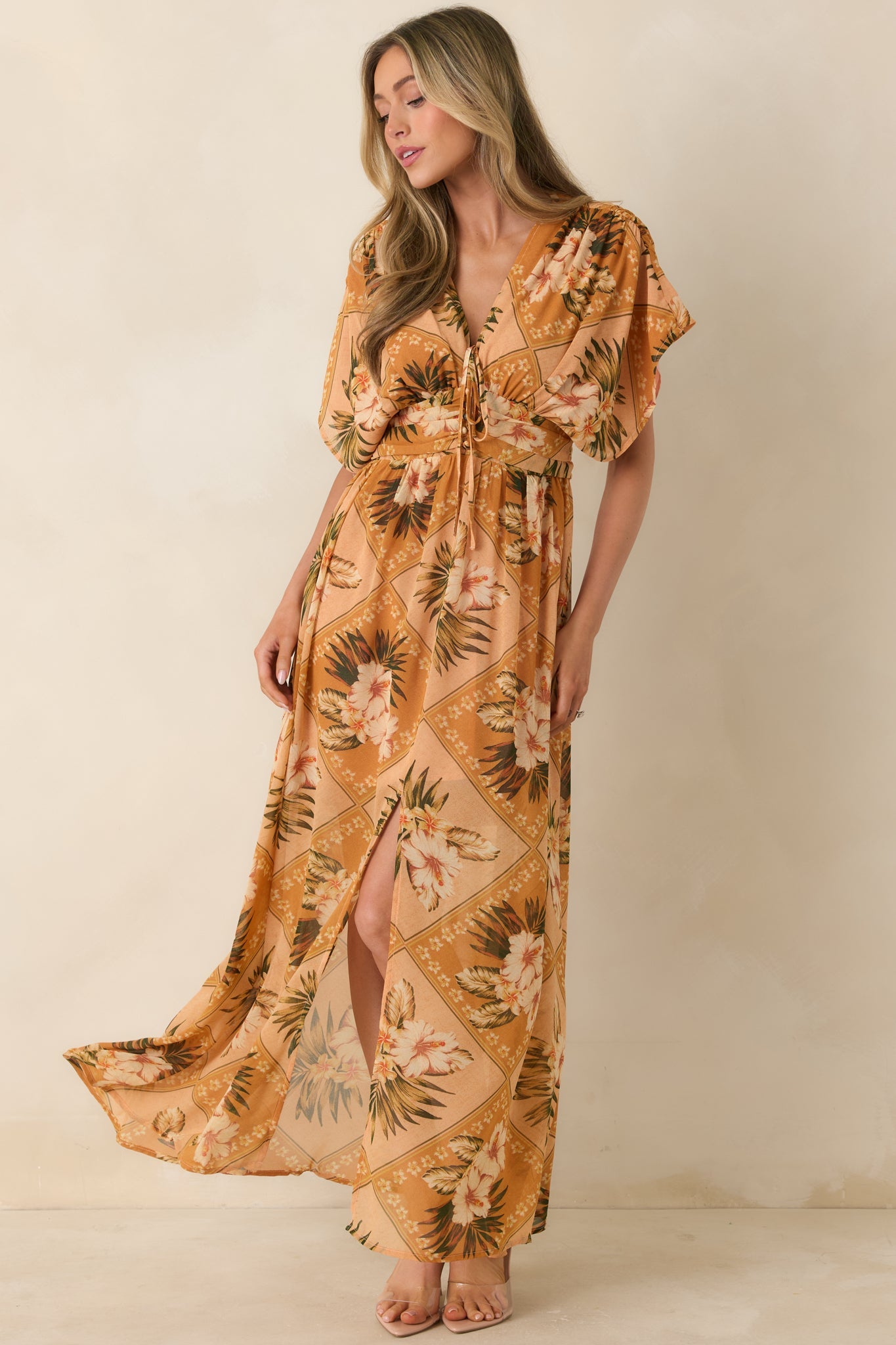 Booked the Trip Peach Multi Tropical Print Maxi Dress