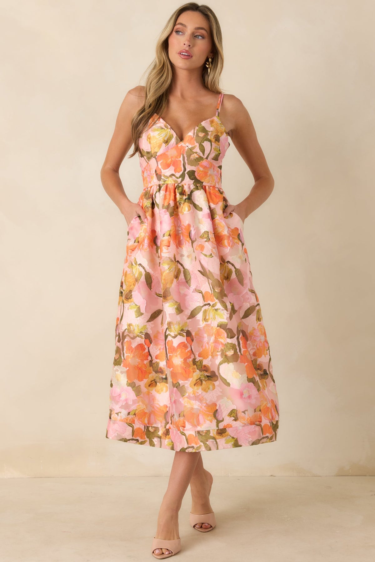 Blushing Bouquet Pink & Orange Floral Midi Dress
