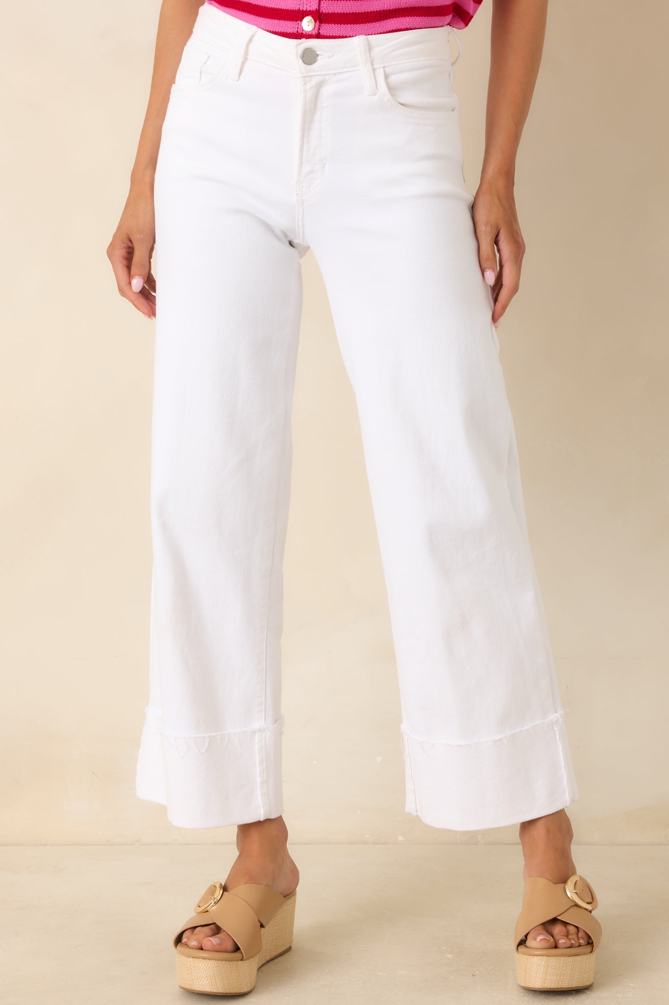 Best I've Seen White Stretch Wide Leg Cuffed Jeans