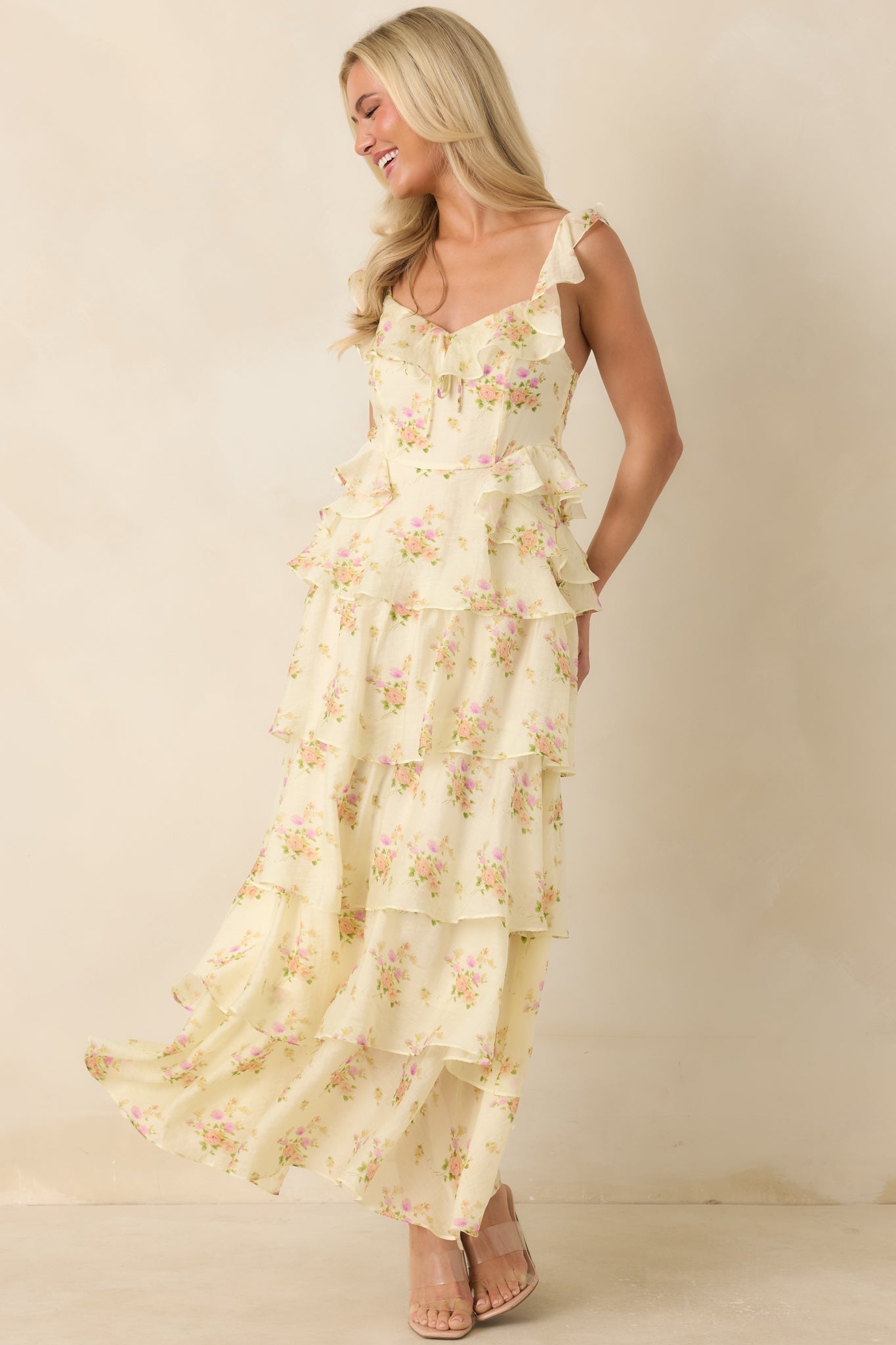 ASTR The Label Adessa Yellow Floral Ruffle Tiered Maxi Dress