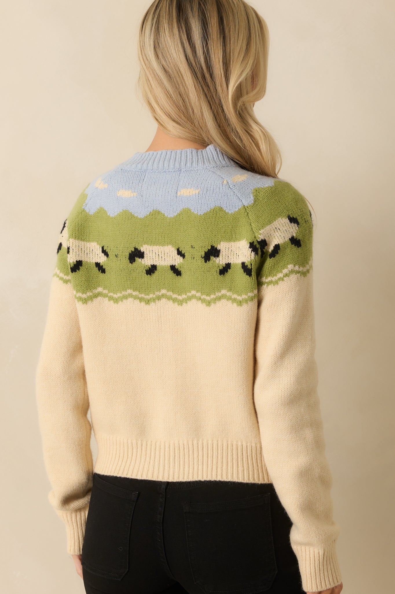 As Time Unwinds Ecru Beige Multi Sheep Print Button Up Cardigan