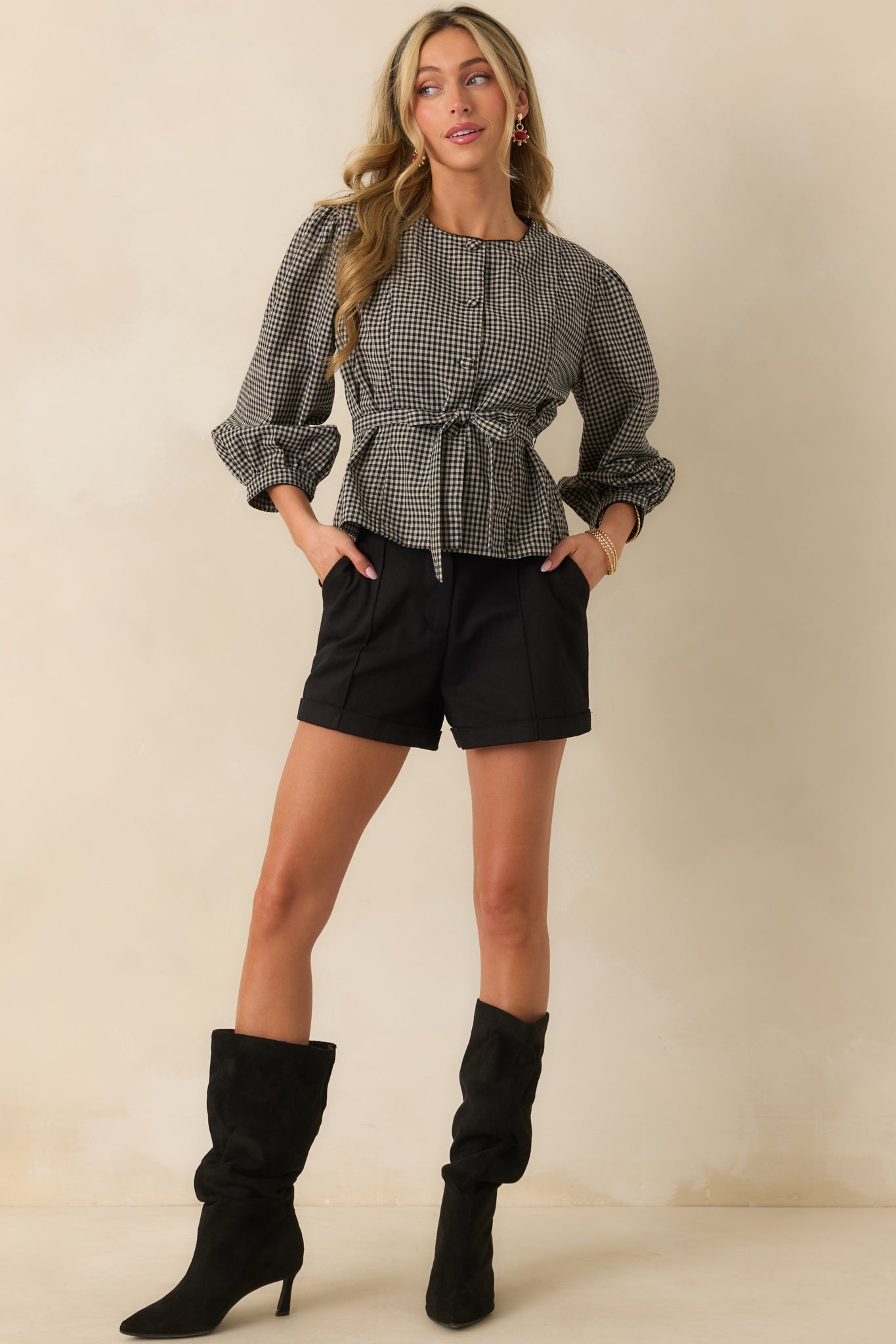 A Defining Moment Black Gingham Linen Blend Belted Blouse