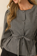 A Defining Moment Black Gingham Linen Blend Belted Blouse