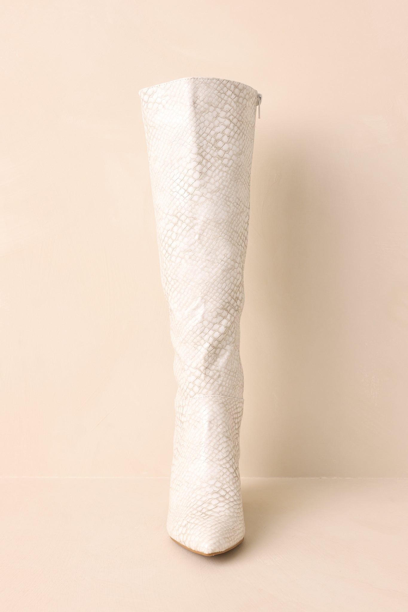 Always A Step Ahead Ivory Faux Snakeskin Knee High Boots